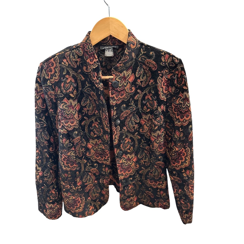 Portrait Womens Tapestry Floral Paisley Jacket Button Front Mock Neck Medium